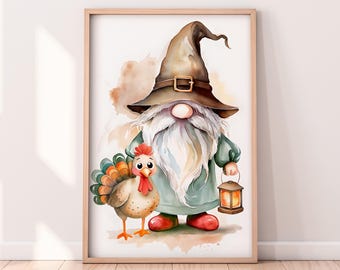 Watercolor Thanksgiving Gnome with Turkey Printable Artwork, Thanksgiving Printable Artwork, Fall Digital Art, Autumn Art, Rustic Fall Art