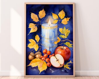 Candele e foglie autunnali in acquerello, opere d'arte stampabili per il Ringraziamento, arte digitale autunnale, opere d'arte autunnali, arte autunnale rustica