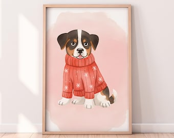 Watercolor Dog In Christmas Sweater Printable Artwork, Winter Printable Artwork, Christmas Painting, Rustic Winter Art, Painted Artwork