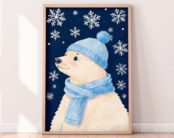 Watercolor Cute Polar Bear With Snow Printable Artwork, Winter Printable Artwork, Winter Bear Painting, Rustic Winter Art, Painted Artwork