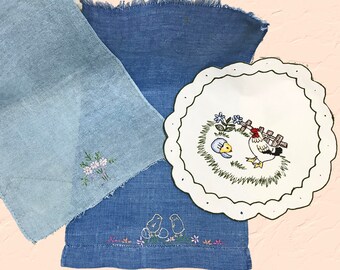 Baby Chick Linens Vintage Embroidered Linens for Easter Basket Blue Scarf  Pastel Floral Embroidery Baby Chicks Chickens Linen Collection