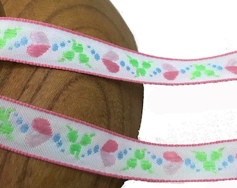 Pink and Green Woven Jacquard Ribbon Shades of Pink and Green Floral and Hearts on White Background Embroidered Jacquard Ribbon - 3 yards