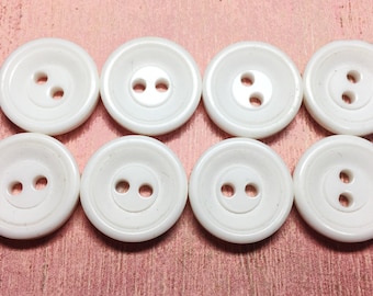 White Vintage Plastic Buttons Two-hole Sew Through "Bowl" Buttons Great for Sewing or Crafts - B62 - 8 Buttons