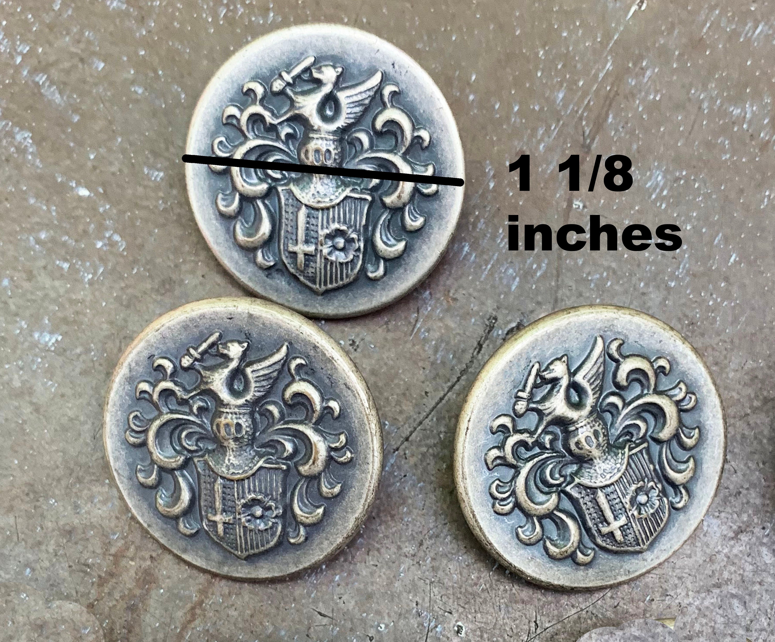 FAB Set 14 Uniform Style Coat of Arms picture Vtg Antiqued SILVER Metal Buttons 