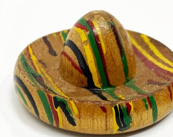 Hand Painted Vintage Sombrero Button  Large Colorful Handmade Painted Wooden Hat Button  Collectible Button B886