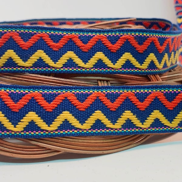 Zig Zag Woven Vintage Jacquard Trim Red Yellow and Navy Flat Braid Decorative Chevron Cotton Blend Ribbon Trim  1 yard