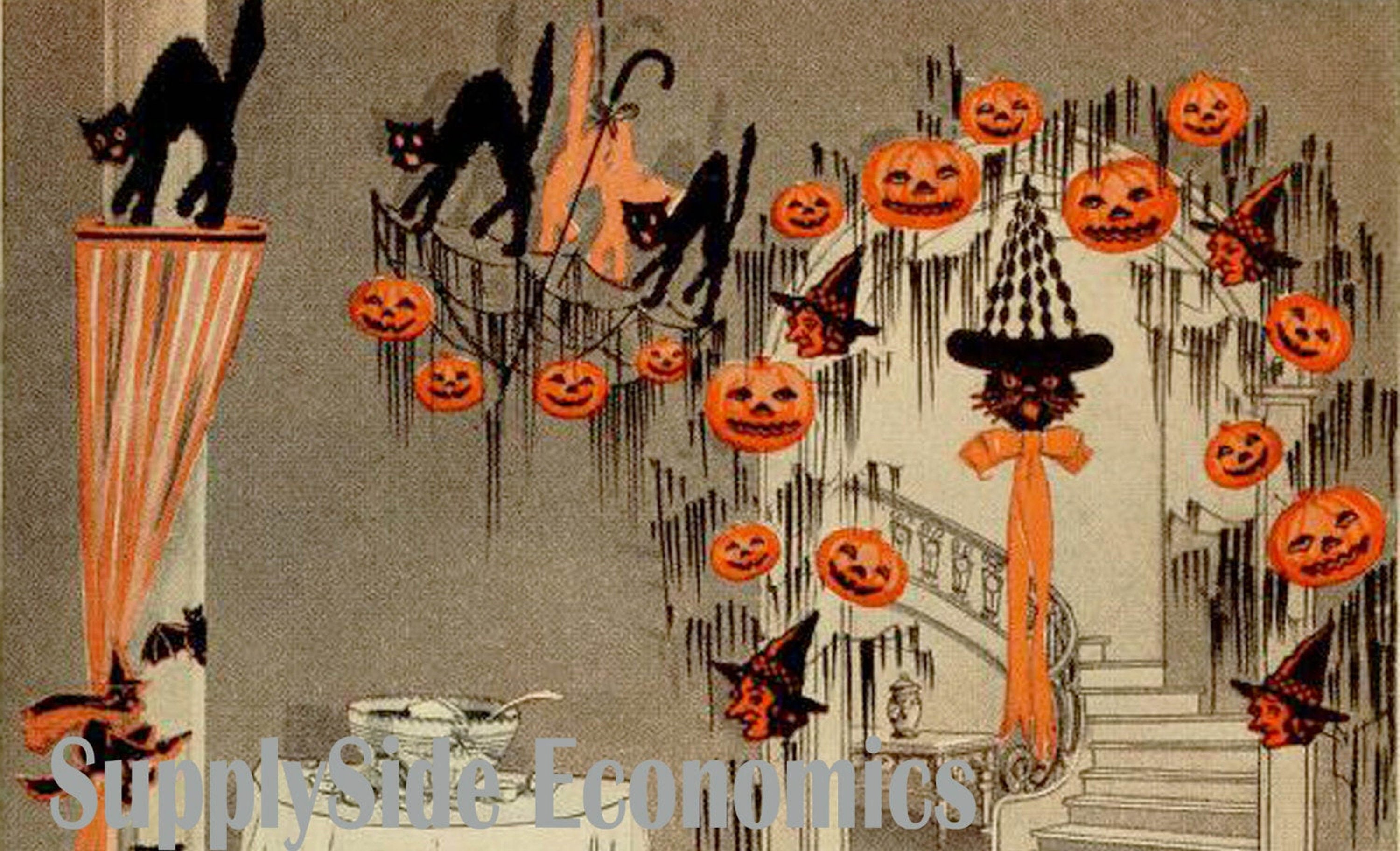 Vintage Puffy Halloween Black Cat Wall Hanging Pumpkin Jack O Lantern