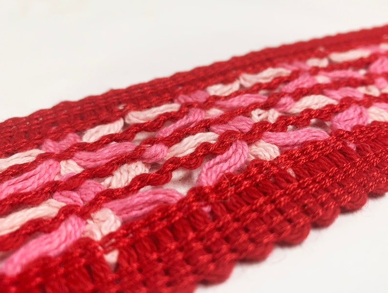 Red and Pink Open Weave Flat Trim Cotton Yarn Crocheted Style Banding Vintage Braid for Fashion Sewing and Home Decor Projects 1 yard image 2