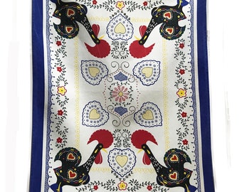 Tea Towel  Vintage Rooster Tea Towel Vintage Table Topper -Blue, Red and Yellow Cotton Towel Vintage Linens Rooster Hearts Towel