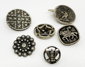 Antiqued Silver Metal Button Collection Raised Figural Sew Through and Shank Buttons  Jewelry Supplies - B783 - 6 buttons