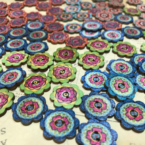 Wooden Flower Button Retro BoHo Floral Embellishment Buttons Scrapbooking Supplies Novelty Garden Craft Buttons  10 mixed buttons - B448