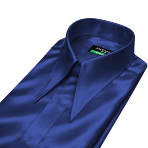 Men's Luxury Navy Blue Satin Shirt Concealed Placket Extra Long Spearpoint Collar 1930s Goodfellas Style Retro Evening Dress