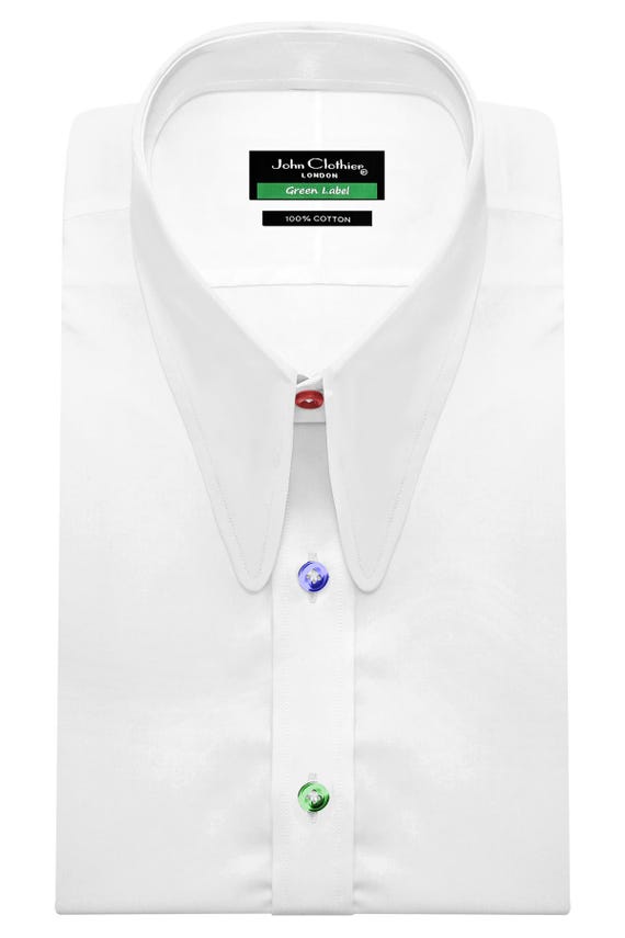 Men's White Egyptian Cotton Spear Round Point Collar Shirt: 70s Gangster Style