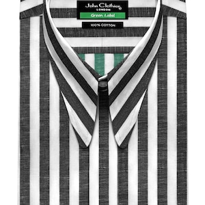 Men's Long Round Pointed Collar Shirt Black White Stripe Hidden Placket Custom Made Shirt Spear Dagger Collar 1930s Goodfellas Style