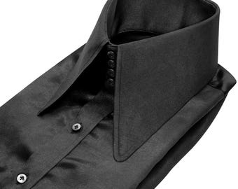 Vintage 1960s Style Black Satin Shirt - High Pointed Collar, Retro Revival