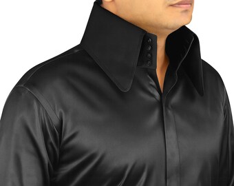 Retro Theatre Costume Shirt Men's Black Satin Hidden Buttons High Long Round Pointed Collar