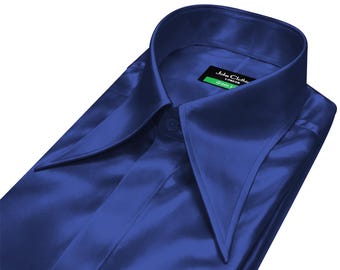 Men's Navy Blue Glossy Satin Shirt Extra Long Pointed Spread Wide Collar Concealed Placket Retro Nightclub Party Outfit