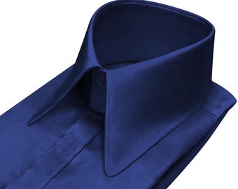 Herrskjorta med hög, lång rund krage, marinblå satin, dold knappslå, 2-knapps halsringning, exklusivt kvälls- och festklädsel