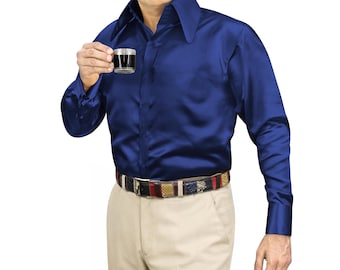 Men's Glossy Navy Blue Satin Shirt 1920s High Long Round Pointed Collar Edwardian Revival Style Red Carpet Outfit