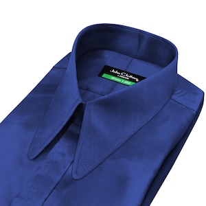 Camisa de hombre con cuello redondo puntiagudo, azul marino, satén de seda, tapeta oculta, estilo años 30, inspirada en la película Goodfellas.