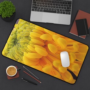 Must-Have Vibrant Macro Bright Yellow Chrysanthemum Photography Desk Pad – Bright Office Decor, Gift for Her
