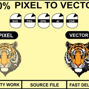 Puede incluir: Imagen que compara ilustraciones de cabezas de tigre en píxeles y vectores. El texto en la parte superior dice "100% PIXEL TO VECTOR". Iconos de tipos de archivo: SVG, PNG, EPS, AI y CDR. El texto inferior dice "QUALITY WORK", "SOURCE FILE" y "FAST DELIVERY".