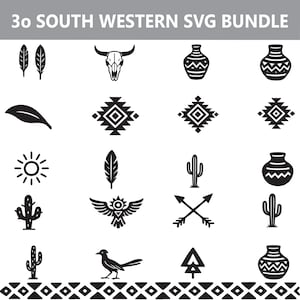 May include: A collection of black and white Southwestern-themed SVG graphics. The images include feathers, a bull skull, vases, geometric patterns, a sun, a cactus, an eagle, crossed arrows, a roadrunner, and a tree.