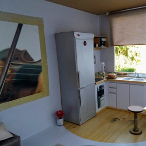 Kitchen and living room diorama, modern interior design. &quot;Violin House&quot;