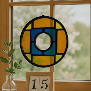 Sonnenfänger, Rund, Gelb, Blau, mundgeblasene Butze, Glas Design, Glas Deco, Geschenk, Mandala, Glaskunst, Blickfang, Fensterschmuck