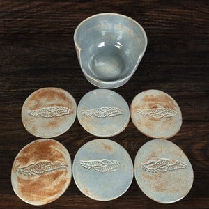 Ceramic Coasters- Set of 6 | Handmade | Gray Blue, Brown Glaze | Leaf Texture | Barware, Kitchenware, Glassware, Beverages, Cold/Hot Drinks