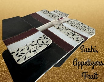 6 Decorative Sushi Dishes | Handmade, Ceramic | Black, Burgandy, White  Glaze ,Gold Gilding | Japanese Dining,  Placesetting, Plates, Asian