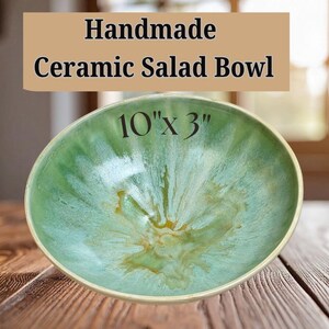 Ceramic Salad Bowl | Handmade | Light Green Glaze | Home, Kitchenware, Serving Food, Cooking, Storing, Popcorn, Bread, Display Fruit