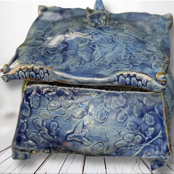 Ceramic Chinese Pagoda Box | Handmade | Textured Birds & Branches | Transparent Royal Blue Glaze | Treasures, Jewelry, Bath, Office, Bedside