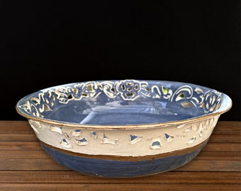 Lacy Cut Rim Bowl | Ceramic, Handmade |  Cornflower Blue Glaze, Gold Gilding | Pies, Quiche, Veg. | Baking  | Deep Dish | Kitchenware