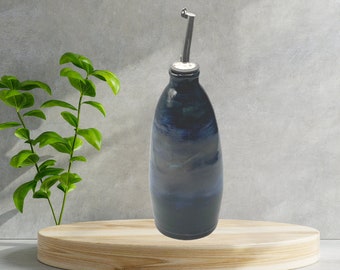 Stylish Ceramic Oil Bottle / Decanter |16oz | Royal Blue | Minimalistic Design | Rubber/Aluminum Spout | Food/Dishwasher Safe | Unisex Gift