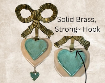 Solid Brass Hook, Ceramic Hearts | Handmade | Solid Brass Hook With Dangling Green/Peach Hearts | Indoor Decor, Rustic, Hardware, Walls