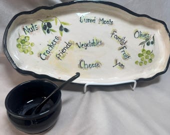 Charcuterie For Two | Handmade, Ceramic | White, Black, Green Glaze | Entertaining, Deli, Snacks, Appetizers, Hors d'oeuvres, Cured Meats