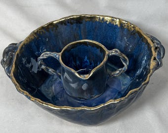 Ceramic Handwashing Cup And Bowl | Handmade | Blue, Lavender Glaze, Gold Gilding| Jewish Custom, Chabad,  Rituals, Kosher, Orthodox