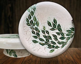 10" Cake Plate | Ceramic Handmade | Footed Base | Green + Cream Glaze | Dessert, Entertaining, Celebrations | Food & Dishwasher Safe | Leaf