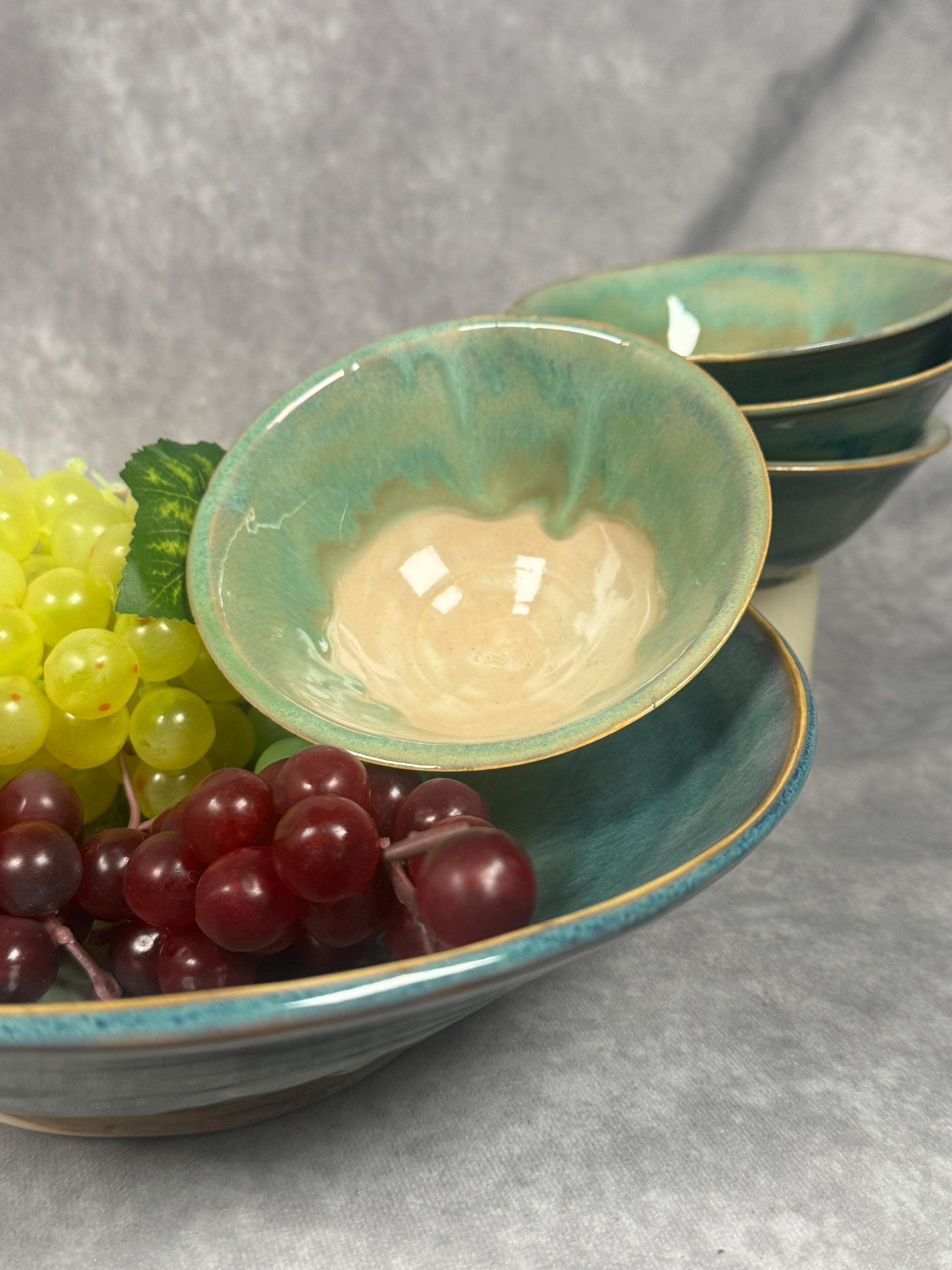 Salad Bowl Set (4) | Handmade, Ceramic | Green Blue, Apricot Glaze | Home Decor, Kitchen, Dining, Crockery, Serving, Pasta, Vegetables