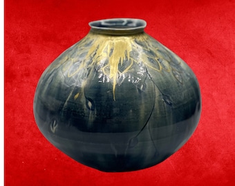 6" x 5.5" Globe Vase, Handmade Ceramic | Ikebana Arrangements | Blue, Gold Glaze | Orchid, Cherry Blossom, Reeds | Simplistic, Round