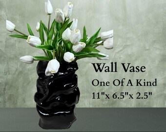 Modern, Minimalist Wall Vase | Ceramic, Hand Formed | Black, Bronze Glazes | Home Decor, Wabi Sabi, Scrunch , Statement Piece, Abstract
