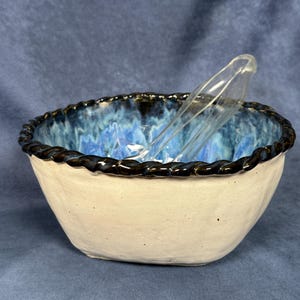 Indigo Salad Bowl | Ceramic, Hand Built | Blue, Lavender, Yellow Glazes | Entertaining, Farmhouse, Vegetables, Fruits, Serves 6-8, Food Safe