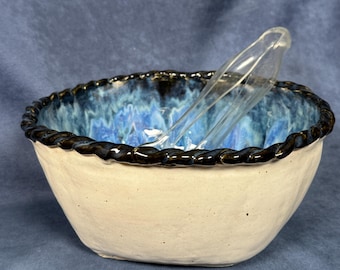 Ceramic Salad Bowl | Hand Built | Blue, Lavender, Yellow Glazes | Entertaining, Farmhouse, Vegetables, Fruits, Serves 6-8, Food Safe