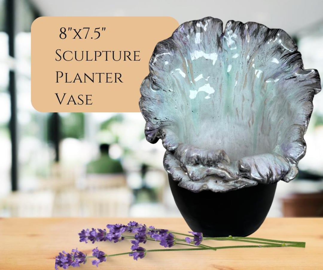 Sculpted Floral Vase | Ceramic, Handmade | Aqua, Black, Lavender Glazes ...