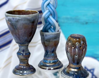 Ceramic Havdalah Set | Handmade | Amber, Blue, Gold Glaze | Shabbat, Traditions, Jewish Ceremony, Saturday Night, Israel, Judaic Prayers