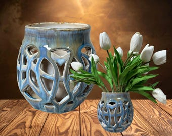 Ceramic Planter, Art Deco | Handmade |Blue, Almond, Green Glaze | Home, Interior Design, Gardening, Display, Decorative Art, Cultivator