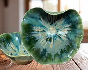 Ceramic Salad- Fruit Bowl | Centerpiece |  100% Handmade | Scalloped Edge | Food Safe | Footed | Forest Green, Beige, Yellow | Catering