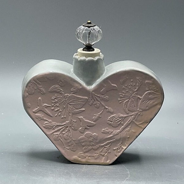 Heart Shaped Bottle With Stopper | Ceramic Handmade | Pink, Gray Glaze, Crystal& Rubber Stopper | Perfume, Bubble Bath Oil, Kitchen, Vase