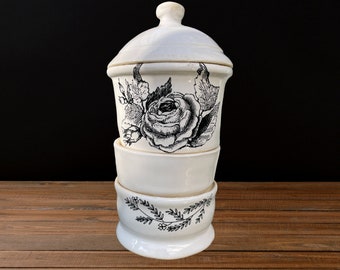 3 Nested Jars-Victorian/White Glossy Glaze Black Decal | Bath, Office, Kitchen | Office supplies, Seasonings, Jewelry | Coins | Food Safe